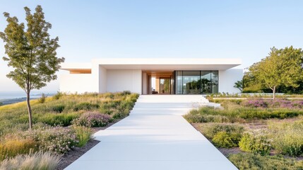 Fototapeta premium Modern minimalist house with expansive view. Landscaped hilltop property with a wide walkway leading to the entrance. Clean lines and a bright, airy feel