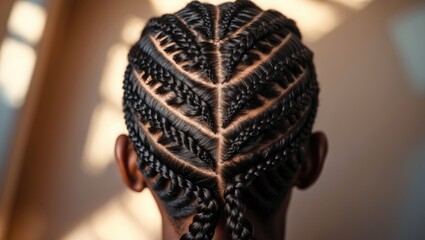 Creative men's hairstyle with thin braids and wave patterns, head shot from above