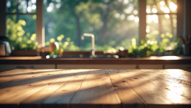 Fototapeta Morning sunlight through window illuminating kitchen backdrop with blurred wooden table.
