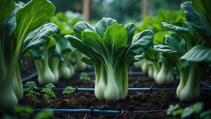Obraz premium Bok choy cultivation in a sustainable garden with smart irrigation technology