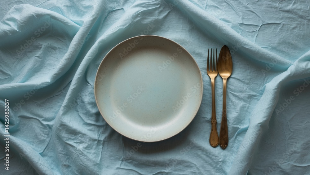 Poster Overhead flat lay of an empty white plate with a fork and knife, representing dinner setting