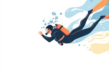 Underwater Diver Swimming with Bubbles in Oceanic Environment