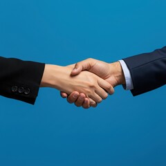 A close up of two business people shaking hands in front of a solid blue colored background studio shot