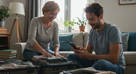 Mother and adult son happily preparing for last minute travel at home, cozy family moment 