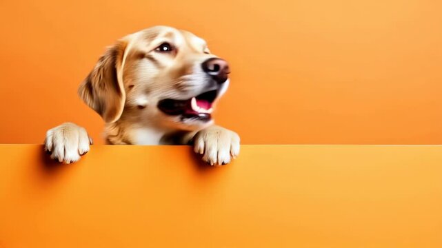 Happy golden retriever dog peeking over orange yellow horizontal surface with copy space. Cute pet looking up with its paws on border for animal or veterinary promotion video.