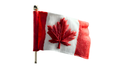 Canada flag on a silver flagpole, clean isolation on a transparent background with soft lighting