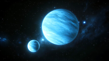 Celestial Dance Two Glowing Blue Planets in the Cosmos