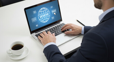 Businessman using laptop WWW website online global internet network blue screen modern office