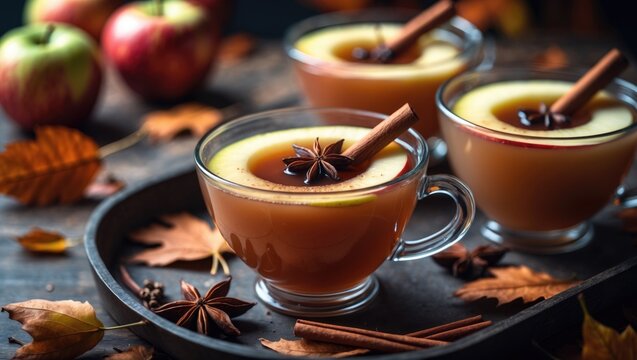 Warm apple cider with cinnamon sticks and star anise in festive mugs - Powered by Adobe