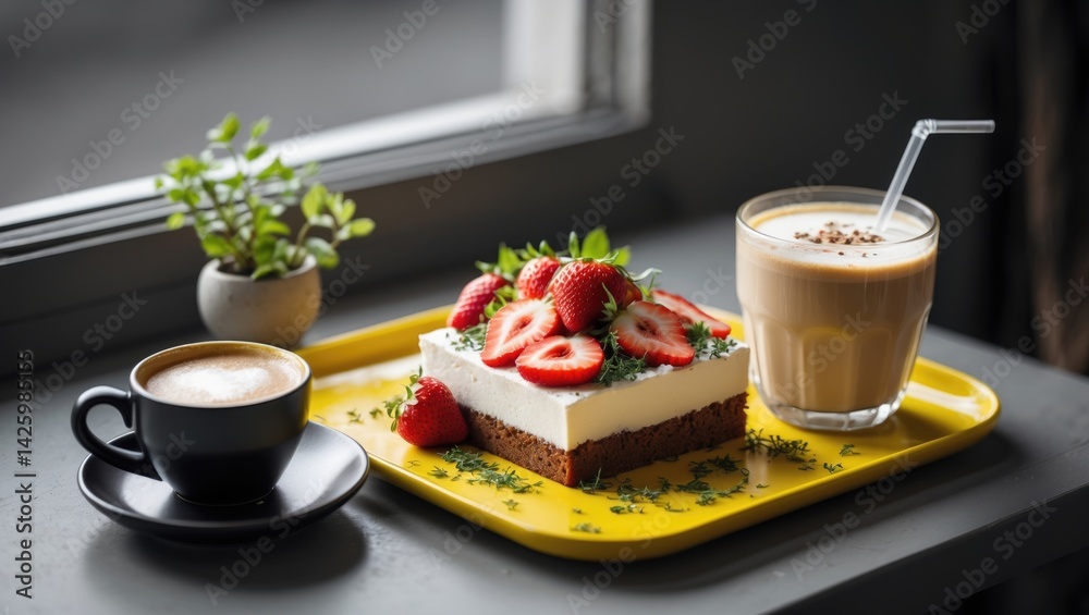 Poster elegant latte and americano paired with fig cake on a stylish table