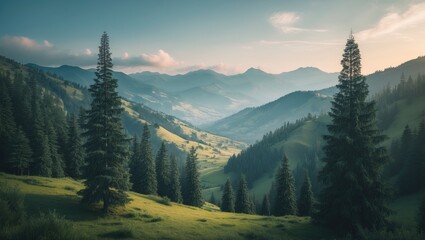 Obraz premium Stunning mountain scenery with pine tree forest and scenic nature wallpaper