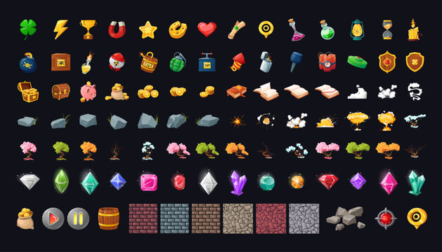 Collection cartoon element for a fantasy game. Game resources and buttons, magic assets for game. Set of various items for game GUI.
