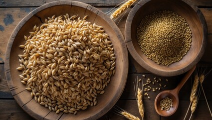 Overhead top view of malt barley grains whole on a wooden plate and table background
