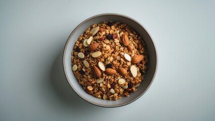 Healthy breakfast featuring multigrain granola with mixed nuts in a bowl on a background