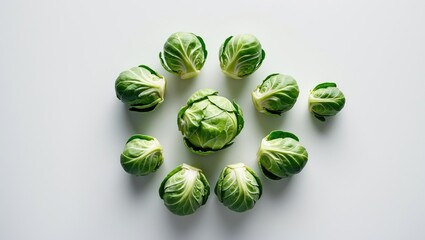 Top view of isolated sprout leaves and halved cabbage on white background