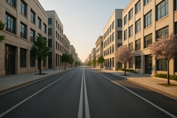 Obraz premium A Tranquil Urban Street Scene in Early Morning Light Featuring Modern Architecture and Lush Trees in a Well-Planned Cityscape.