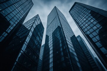 Obraz premium A Dramatic View of Modern Skyscrapers Under a Moody Sky: An Exploration of Urban Architecture and Glass Facades in a Contemporary Cityscape.