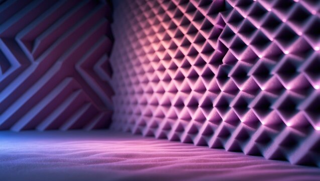 Acoustic foam and lighting setup in a recording studio with soundproof wall background and textured banner