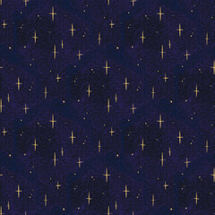 Seamless pattern of glowing yellow stars on dark blue background in grainy retro texture. Starry night style