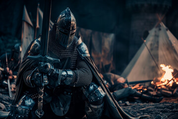 Medieval knight in chainmail holding a sword knee. Generative AI