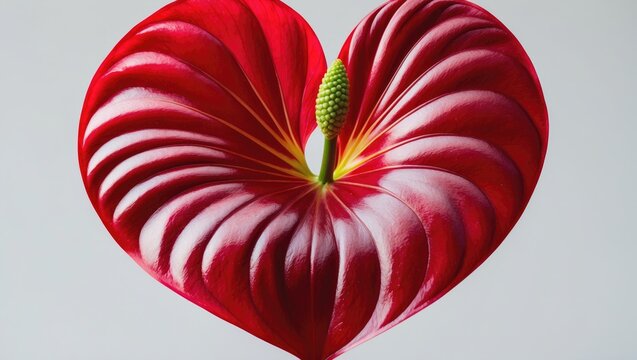 Anthurium flower with heart-shaped design on white background, tropical plant with red and yellow petals