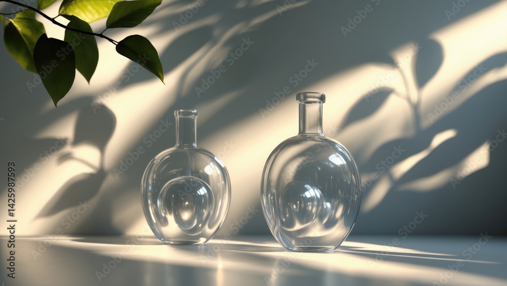 Poster abstract of shadow, glare, and refraction effects on glass with leaves against a minimal, empty back
