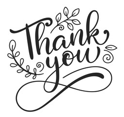 Thank you handwritten text lettering on white background. Hand drawn lettering style calligraphy with floral pattern