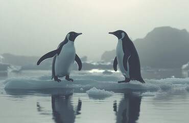 Obraz premium Two Adlie Penguins Facing Each Other on a Small Ice Floe in the Antarctic Ocean