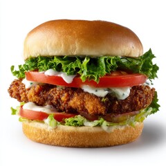 Crispy chicken burger with toppings isolate on white background