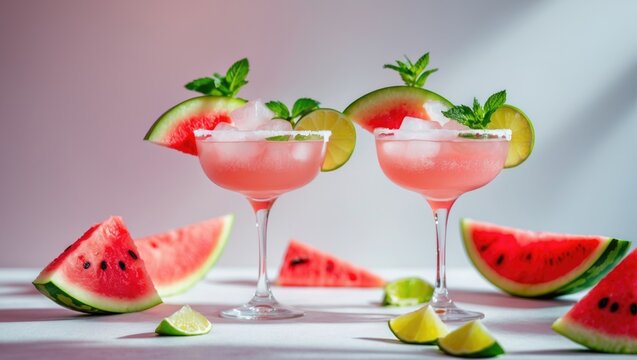 Refreshing watermelon frozen margarita with slices, lime, and mint for summer wedding, holiday, and restaurant promotion
