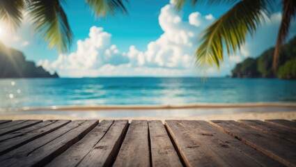 Blurred tropical beach scene with bokeh sunlight, wave, and palm tree on rustic wooden table, abstract background for product presentation in nature.