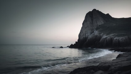 Obraz premium Serene coastline scene featuring a solitary rocky outcrop under calming evening sky with ambient light and tranquil water reflections