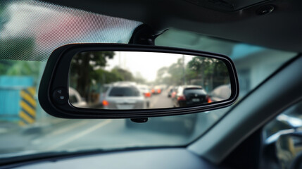 A car's rear view mirror shows a busy street with many cars