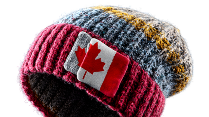 Canada flag on a wool knit beanie hat, isolated on transparent background, cozy winter theme