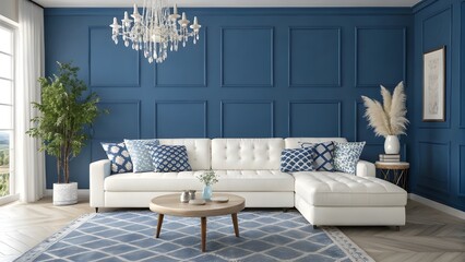 Interior of modern living room with white fabric sofa over blue wall 3d rendering