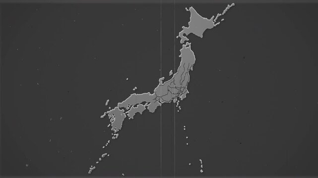 Retro map of Japan with cities, roads and railways on a dark background.