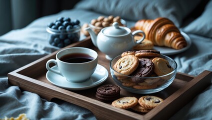 Enjoying breakfast in bed with steaming coffee and croissants