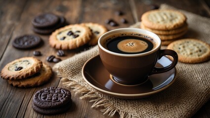 Freshly brewed coffee and baked breakfast treats on a wooden table background