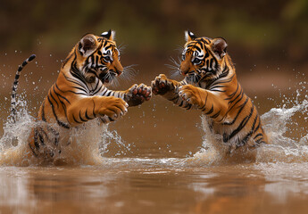 Two playful tiger cubs playfully splashing and wrestling in a shallow water body