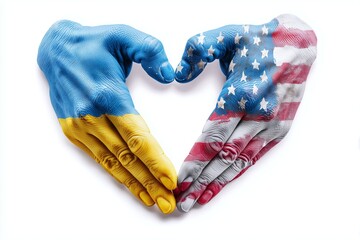 Hands painted in the ukrainian and american flags making a heart shape symbolize the cooperation between countries