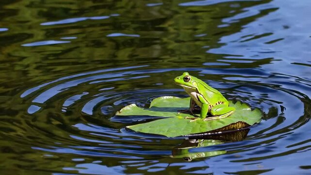 A frog sits on a lily pad in a pond, captured from a high-angle shot. The video style highlights rippling water, creating a serene, natural scene.