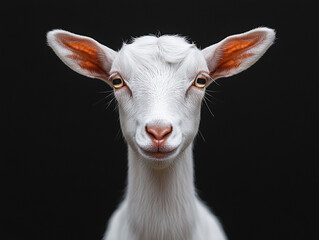Portrait of a Young White Goat with Orange Ears Against a Black Background