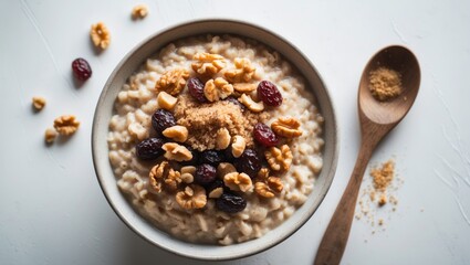 Bowl of oatmeal topped with raisins, walnuts, and brown sugar