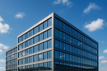 Obraz premium Modern Office Building Exterior with Glass Windows Under Clear Blue Sky, Showcasing Contemporary Architecture and Urban Design.