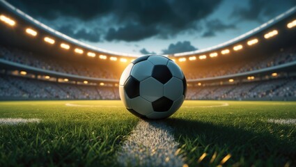 Obraz premium Kickoff season of games featuring a classic soccer ball on a football field with stadium lighting. Theme of sport, creativity, vitality, strength. Promotional poster for advertising and design.