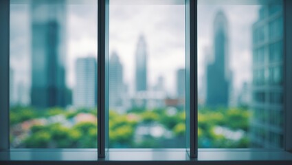 Abstract blurred background of glass window wall in office and hallway interior