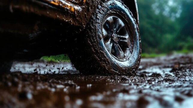 Muddy off-road vehicle tire.  Deep, thick mud splashing