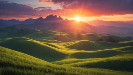 Gardinen The stunning landscape scenery showcasing the breathtaking beauty of nature as the sunset bathes the majestic peaks in a golden glow © ArtificialHorizons