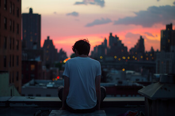 Teenager sitting alone on a rooftop at sunset. Generative AI