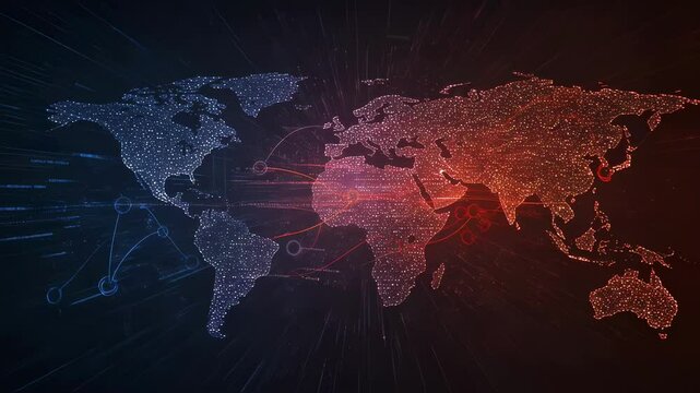 This captivating display highlights a world map illuminated by thousands of points of light, symbolizing global connectivity. The continents stand out in vibrant colors against a dark background